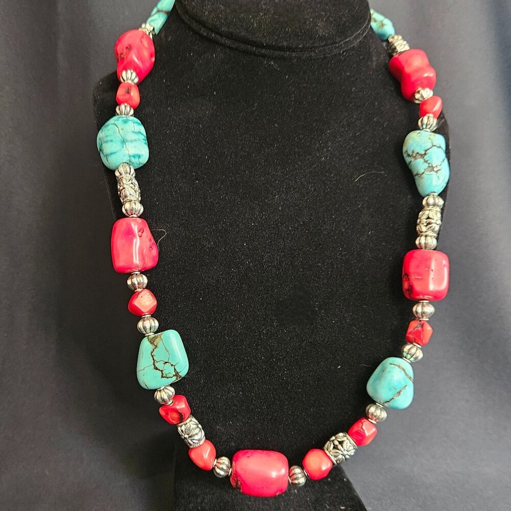 Hand Crafted Artisan Turquoise, Coral and Silver Necklace